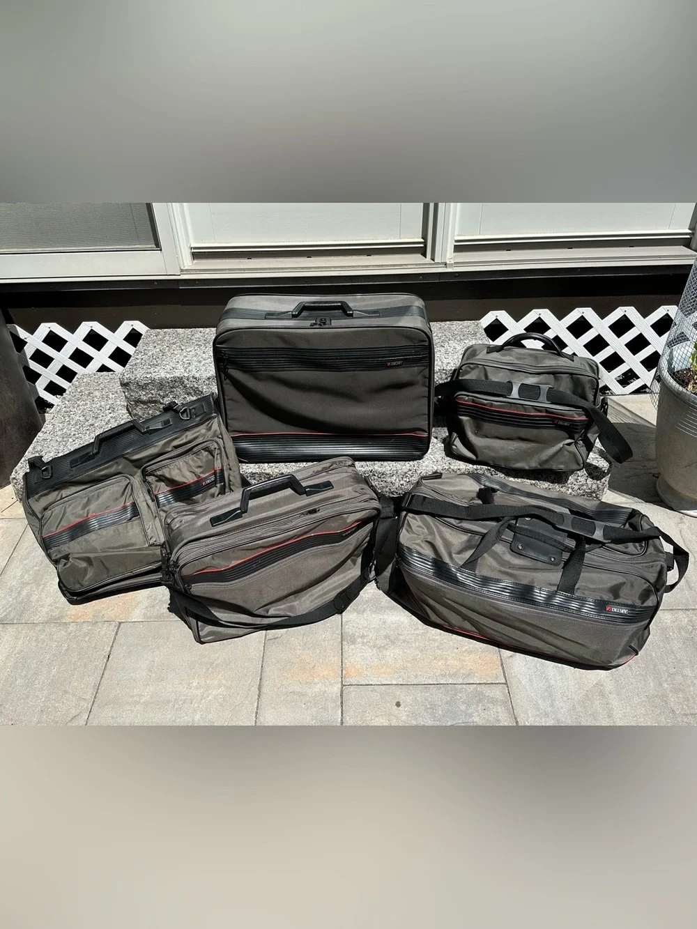 Vintage 5-Piece Delsey Paris Luggage Set Gray with Red Accent